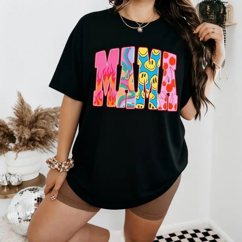 Men's Retro Groovy Mama Graphic Streetwear Tee, Loose-Fit Top, Casual T-Shirt, Round Neck, Basic, Cotton, Baggy, Graphic Print, Chic, Cute, Korean, Preppy, Vintage
