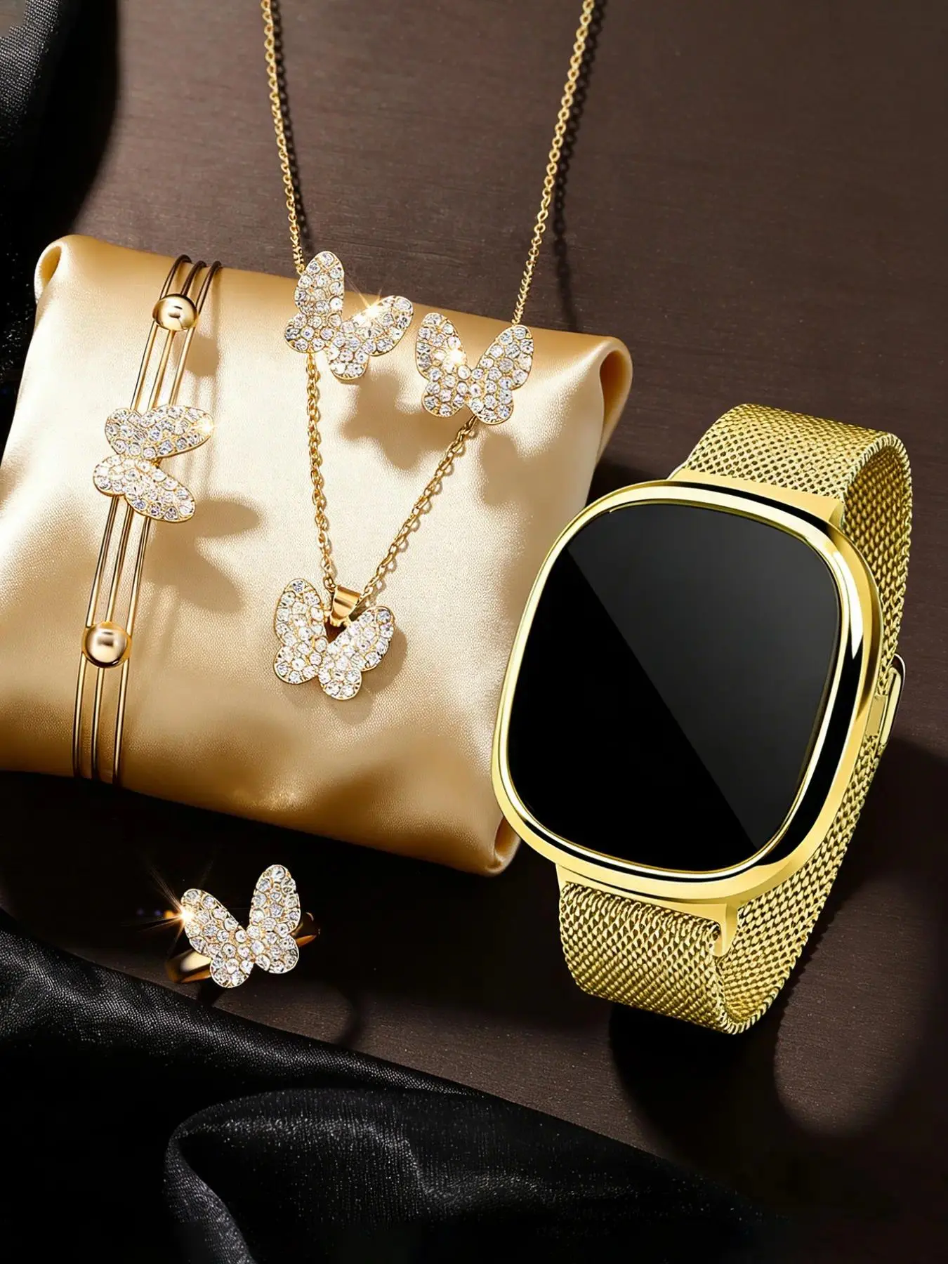 Women's LED Touchscreen Electronic Trendy Watch Set with Butterfly Bracelet Necklace Ring Earrings, Magnetic Alloy Strap, Perfect Gift