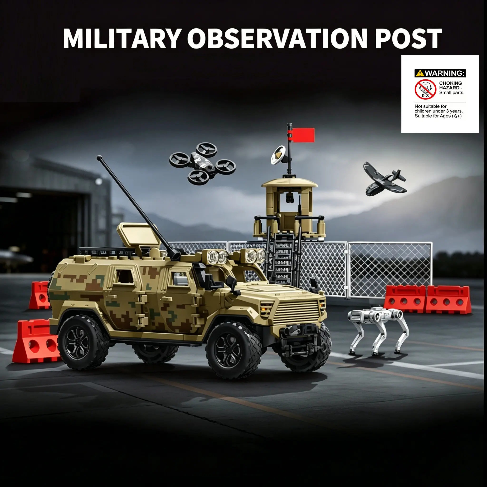 Military Observation Post Building Blocks Set, Robot Dog with Weapons, Off-Road Armored Vehicle, Scene Assembly, Holiday Gift, Modular Block