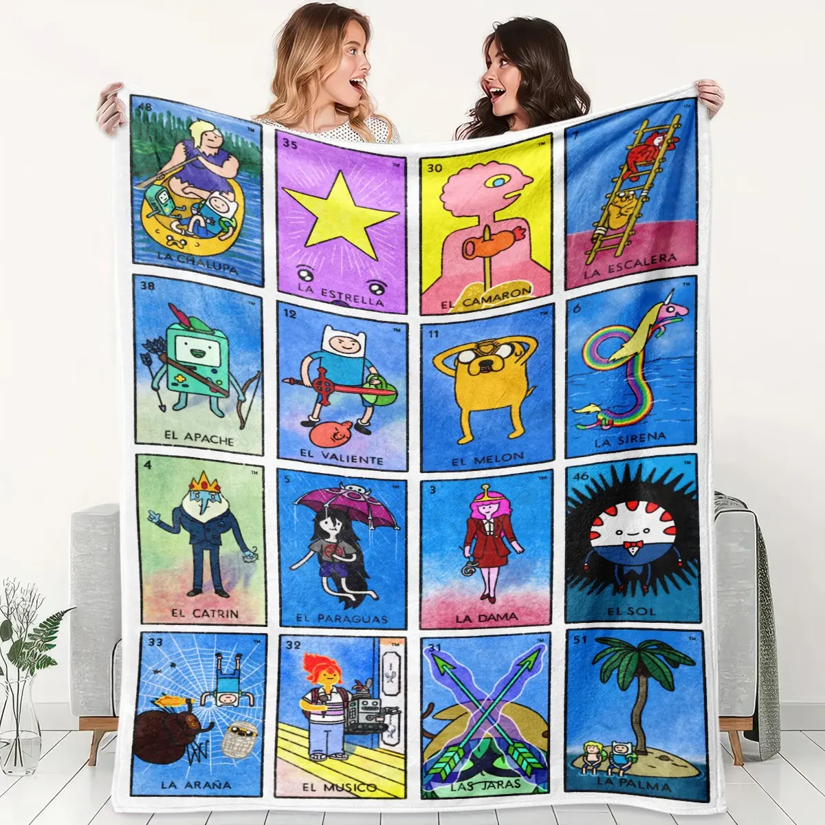 Adventure Time Mexican Loteria Tarot Card Fleece Blanket, Full Print of Adventure Time Characters Combined with Mexican Lottery Card Illustrations, Soft Warm Cozy Nap Blanket for Sofa, Bed, Office, Shawl, Camping & Travel, Perfect Christmas Holiday Gift