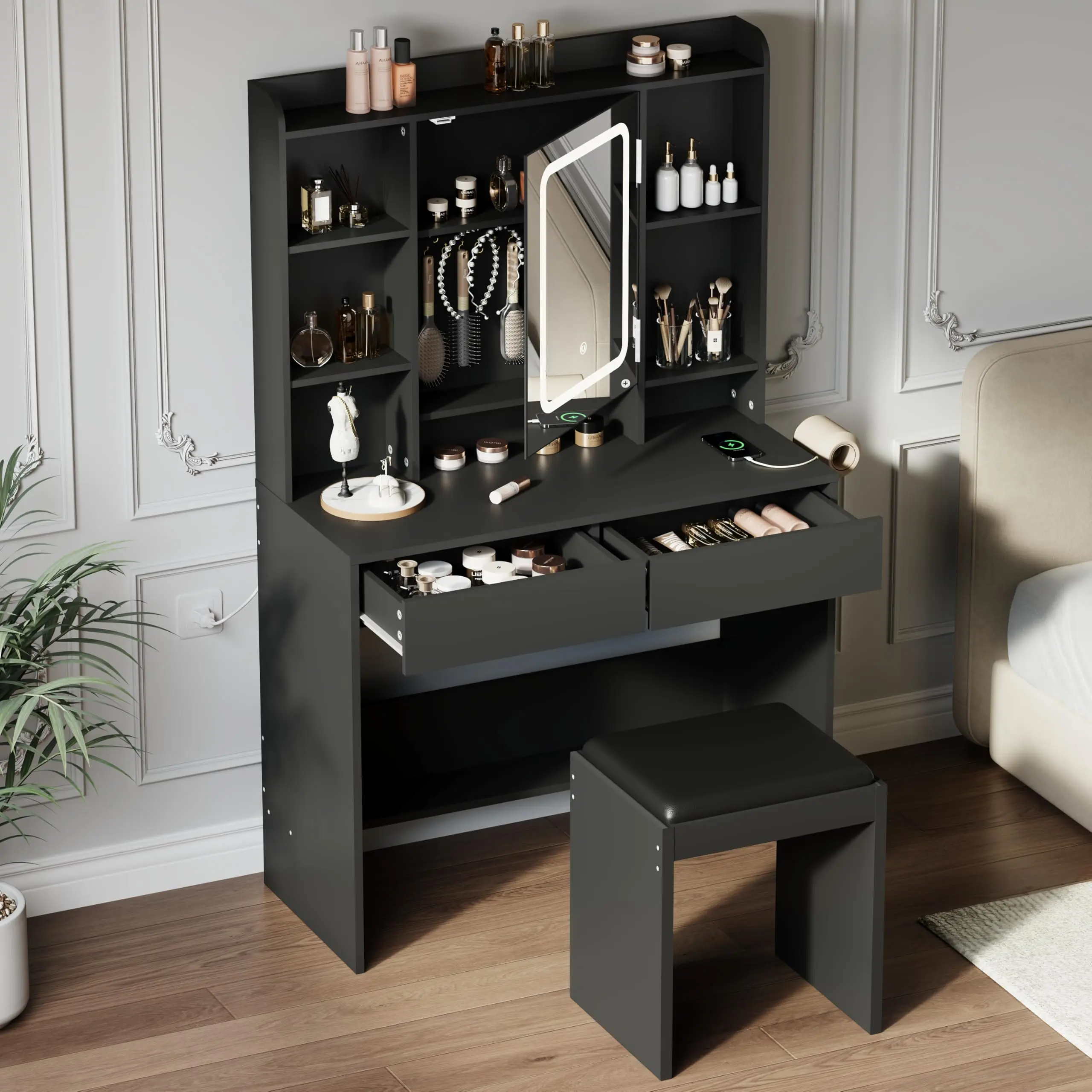 Black Vanity Desk with Mirror and Lights - Includes Padded Stool, Storage Drawers, USB Outlets, Hairdryer Holder, Adjustable LED Light with 3 Lighting Modes, for Bedroom summerwins