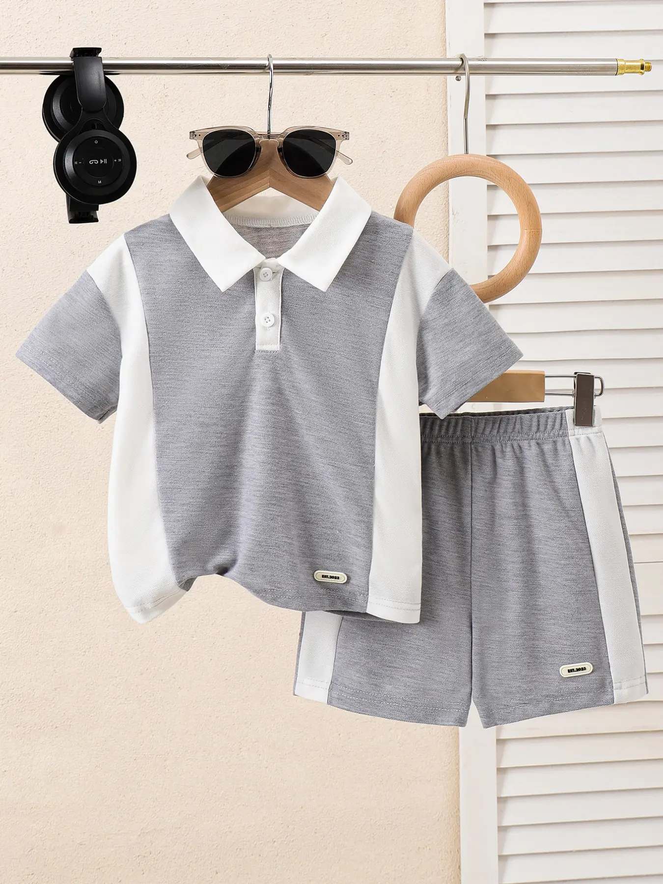 Boys Color Block Polo Set, Young Boys Patchwork Collar Short Sleeve Shorts Two Piece Set, Summer Kids Casual Sports, Summer Clothing Set