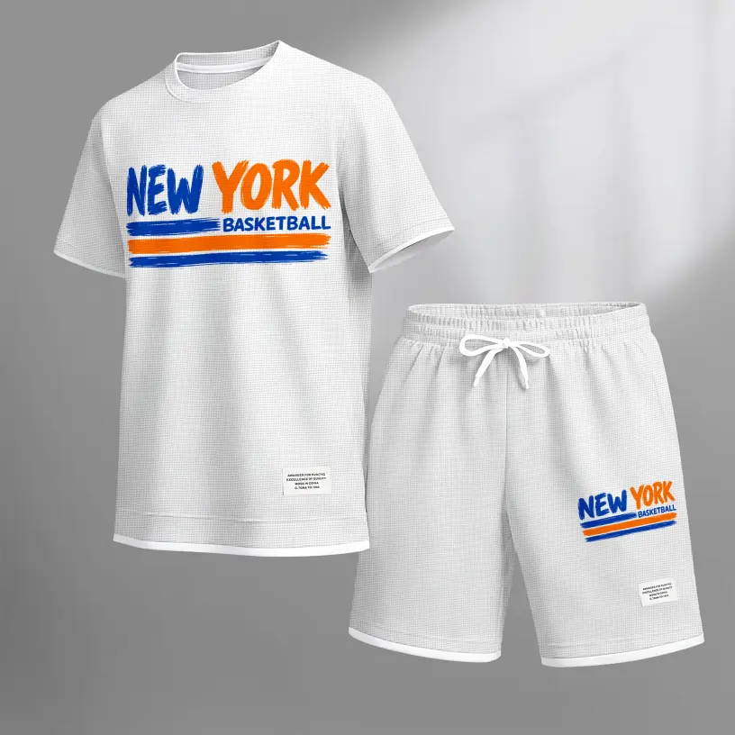 Men’s New York Basketball Graphic Textured 2-Piece Set, Short Sleeve T-Shirt and Drawstring Shorts Outfit, Casual Loose Fit Summer Matching Set, Lightweight Breathable Streetwear for Travel, Vacation, Daily Wear and Outdoor Activities