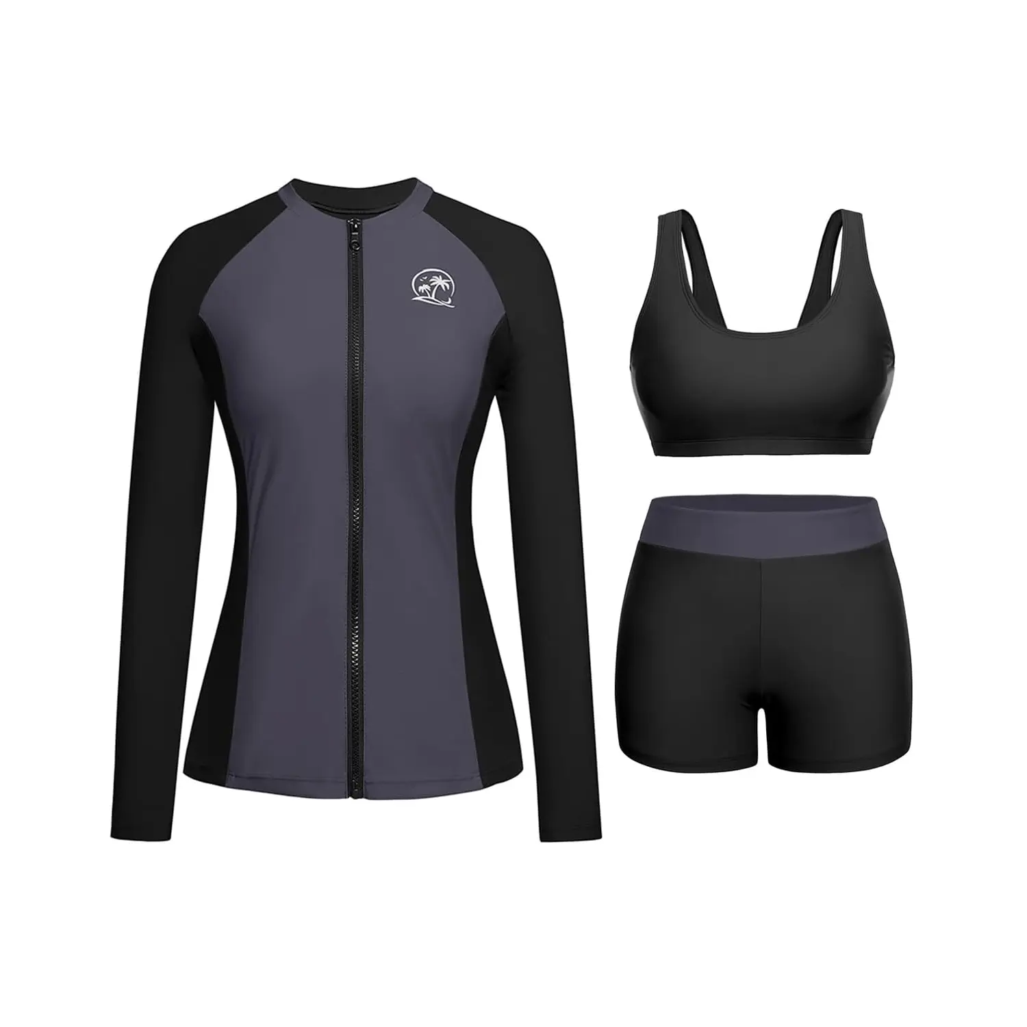 Holipick Long Sleeve Swimsuits for Women - Three Piece Rash Guard with Shorts Zipper SPF Swim Shirt with Built in Bra
