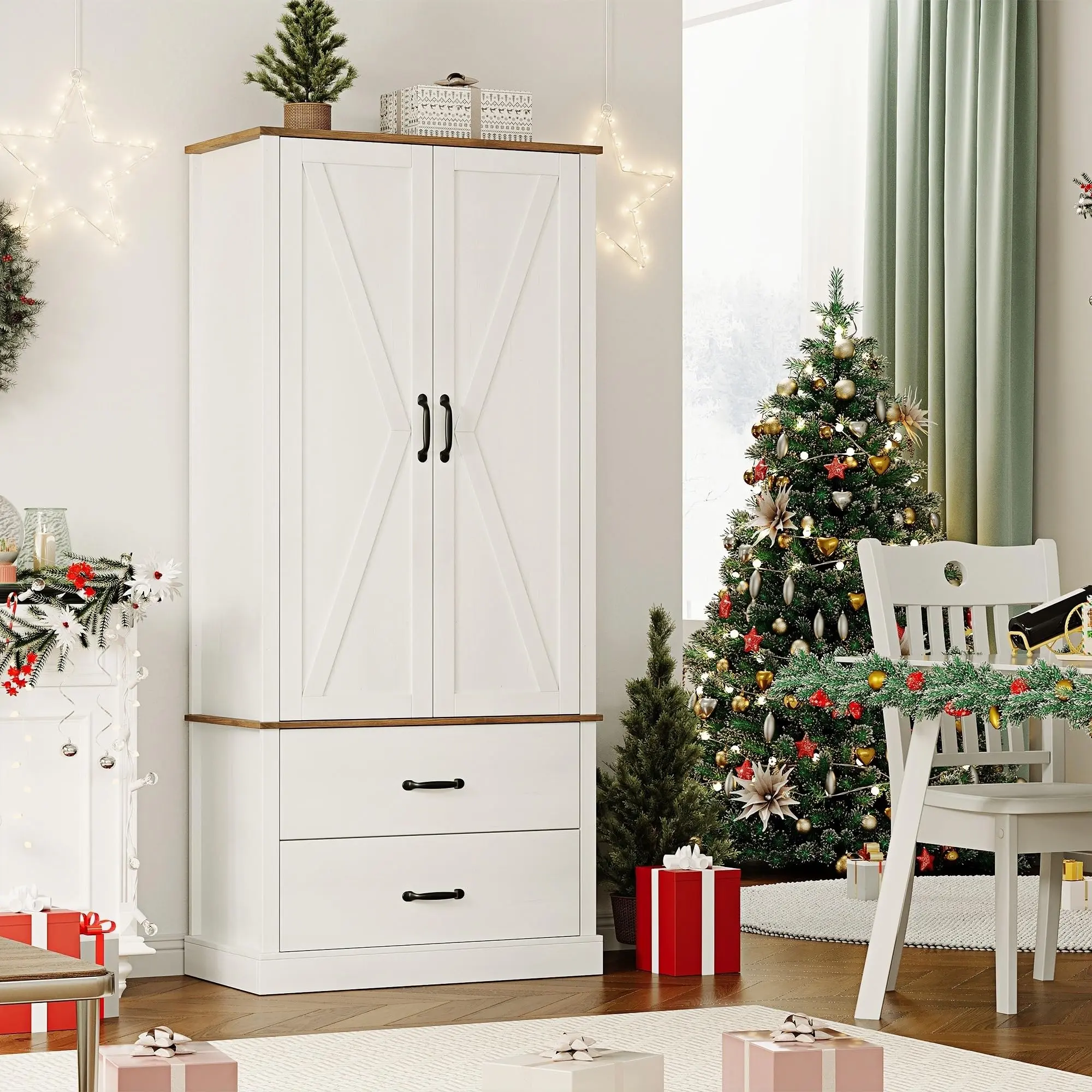 GARVEEKitchen Pantry Cabinet with Doors, Shelves, Drawers, and Microwave Stand; Freestanding Tall Cabinet for Kitchen, Dining Room, Living Room, and Bathroom in White Finish