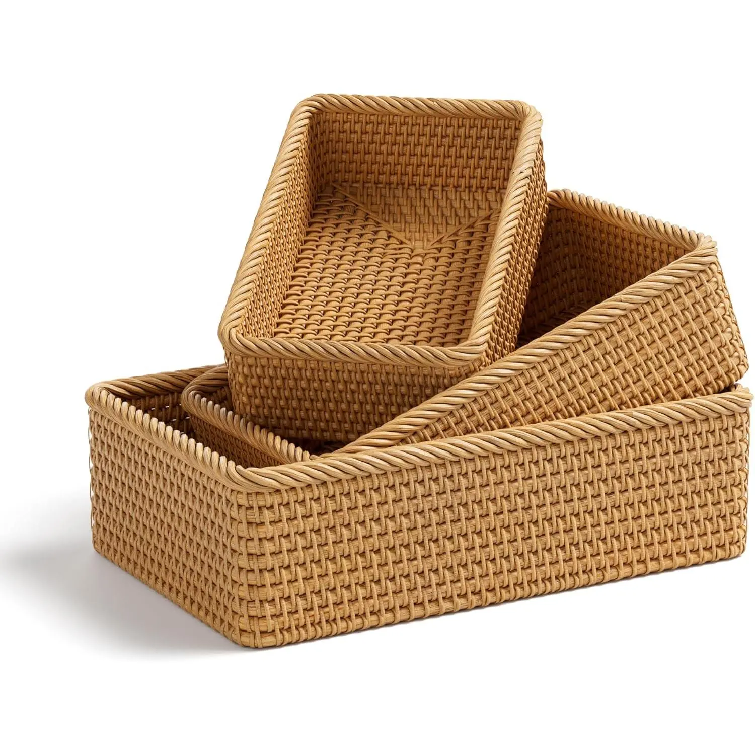 Rattan Storage Basket, 3 Pack Hand Woven Rectangular Fruit Baskets for Serving, Picnic Basket, Wicker Storage for the Living Room Kitchen (Honey Brown)