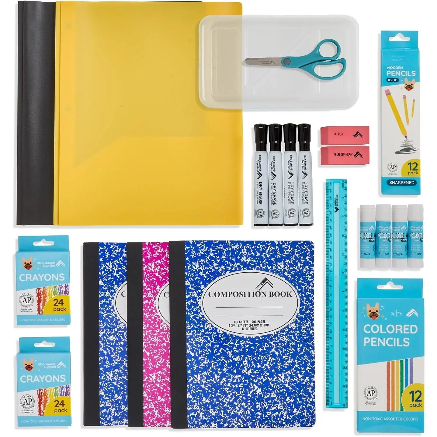 2nd Grade Elementary School  Kit, 44 count | folders, dry erase markers, glue sticks, crayons, colored pencils, pencils, notebooks, for classroom
