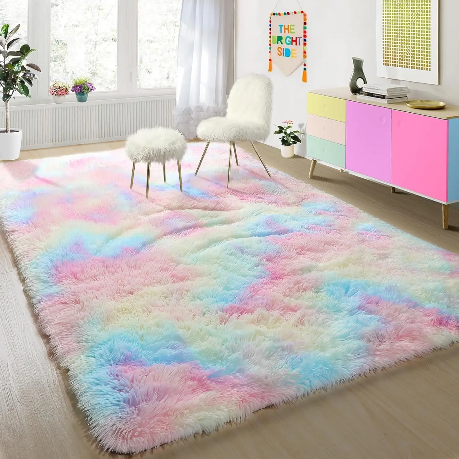 4x6 Rainbow Fluffy Soft Plush Area Rugs, Shaggy Vibrant Rug for Girls Bedroom Kids Playroom, Kawaii Princess Fuzzy Rug for Nursery Baby Toddler, Cute Colorful Room Decor for Teenage