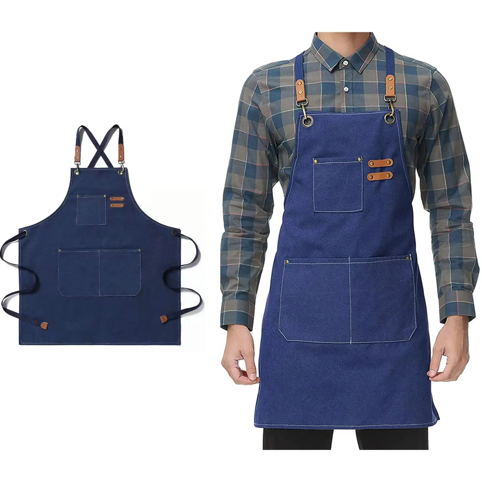 Coffee Shop Chef Apron, Men's Leather Garden Grill Cowboy Cotton Barber Shop Canvas Work Apron with Tool Pockets, Aprons with Pockets