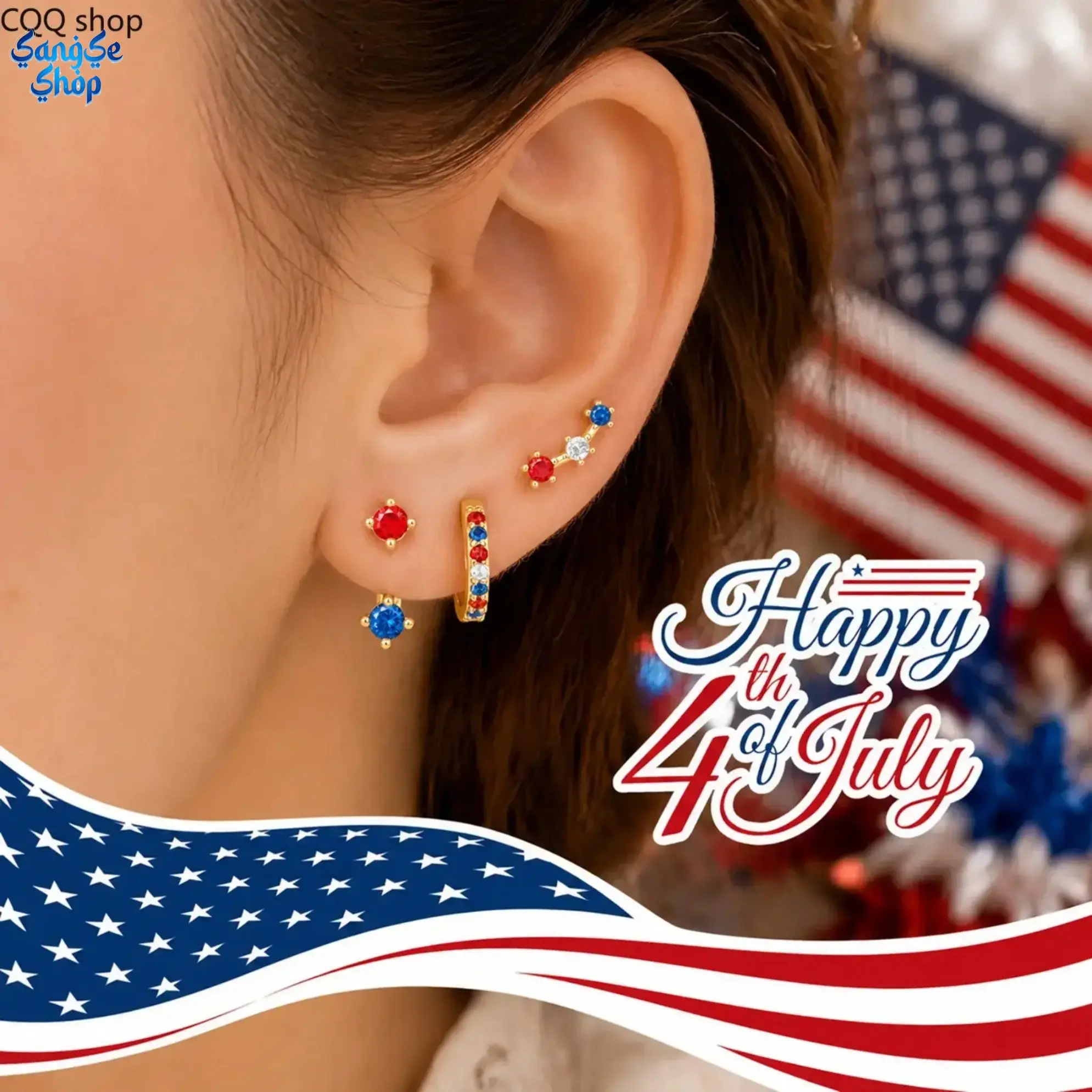 3 Pairs Dainty Small Earrings for 4th of July , Birthstone Stud Huggie Hoop Jacket Stack for Cartilage Helix, 18k Gold Plated Hypoallergenic Cute Women Fashion Accessories Western Jewelry Gifts