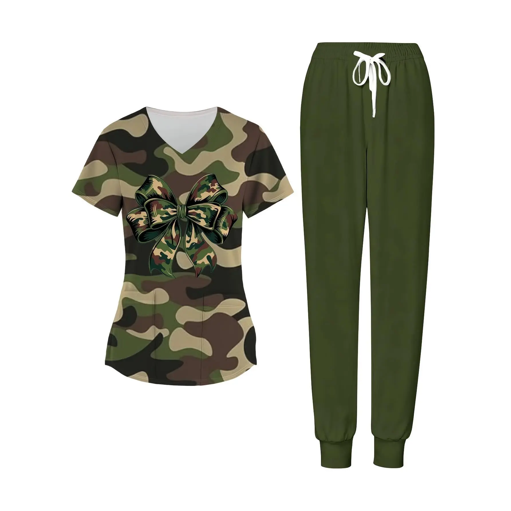 Women'S Camouflage Print Scrubs Set with Bow Detail V-Neck Scrub Top And Pants Set with Pockets, Casual Uniform Women'S Workwear Outfit, Comfortable Stretch Fabric Soft Material for Daily Wear And Professional Use