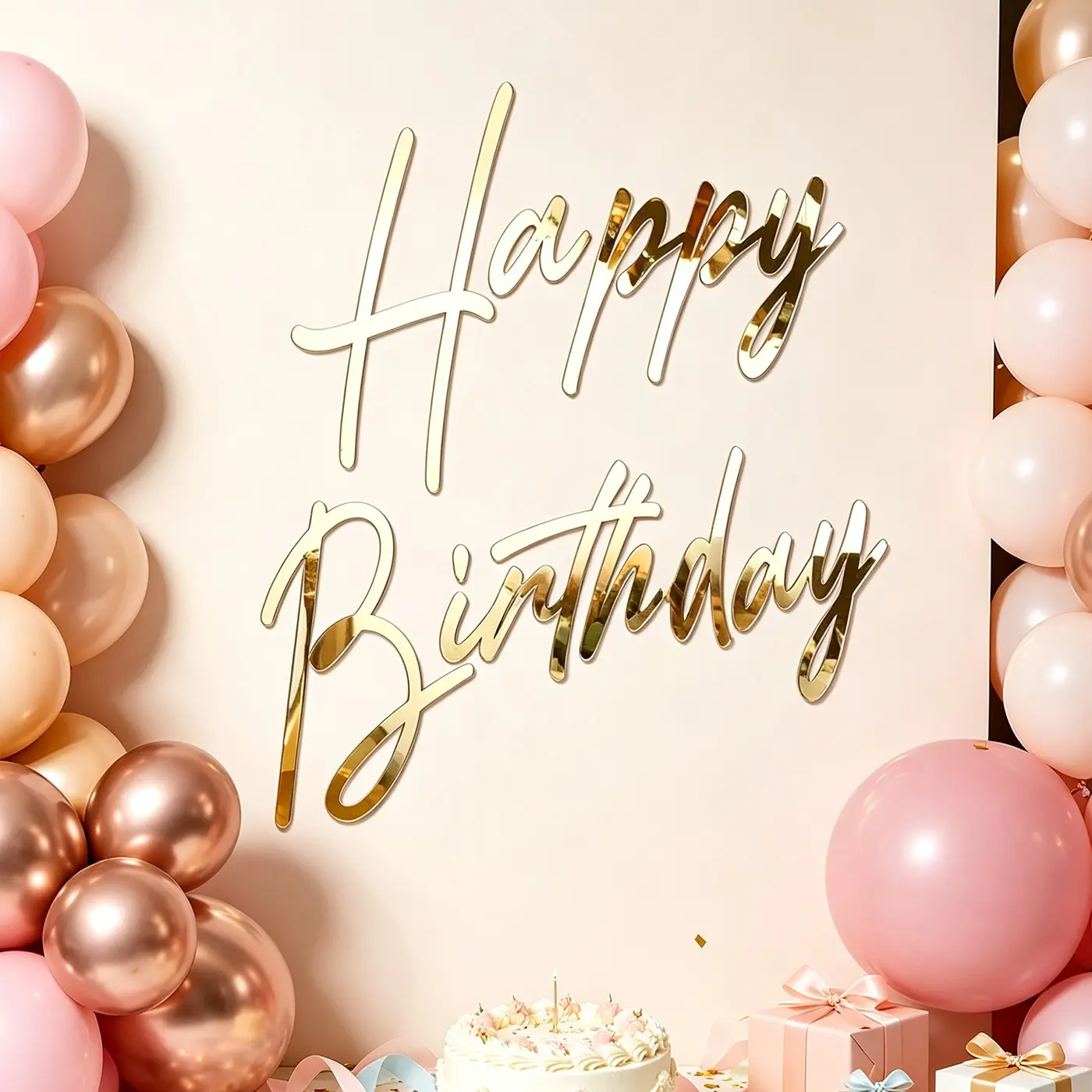 Mirror Acrylic Happy Birthday Sign Wall Sticker, & Silver Color, Self Adhesive, Party Decor for Birthdays, Weddings, Baby Showers