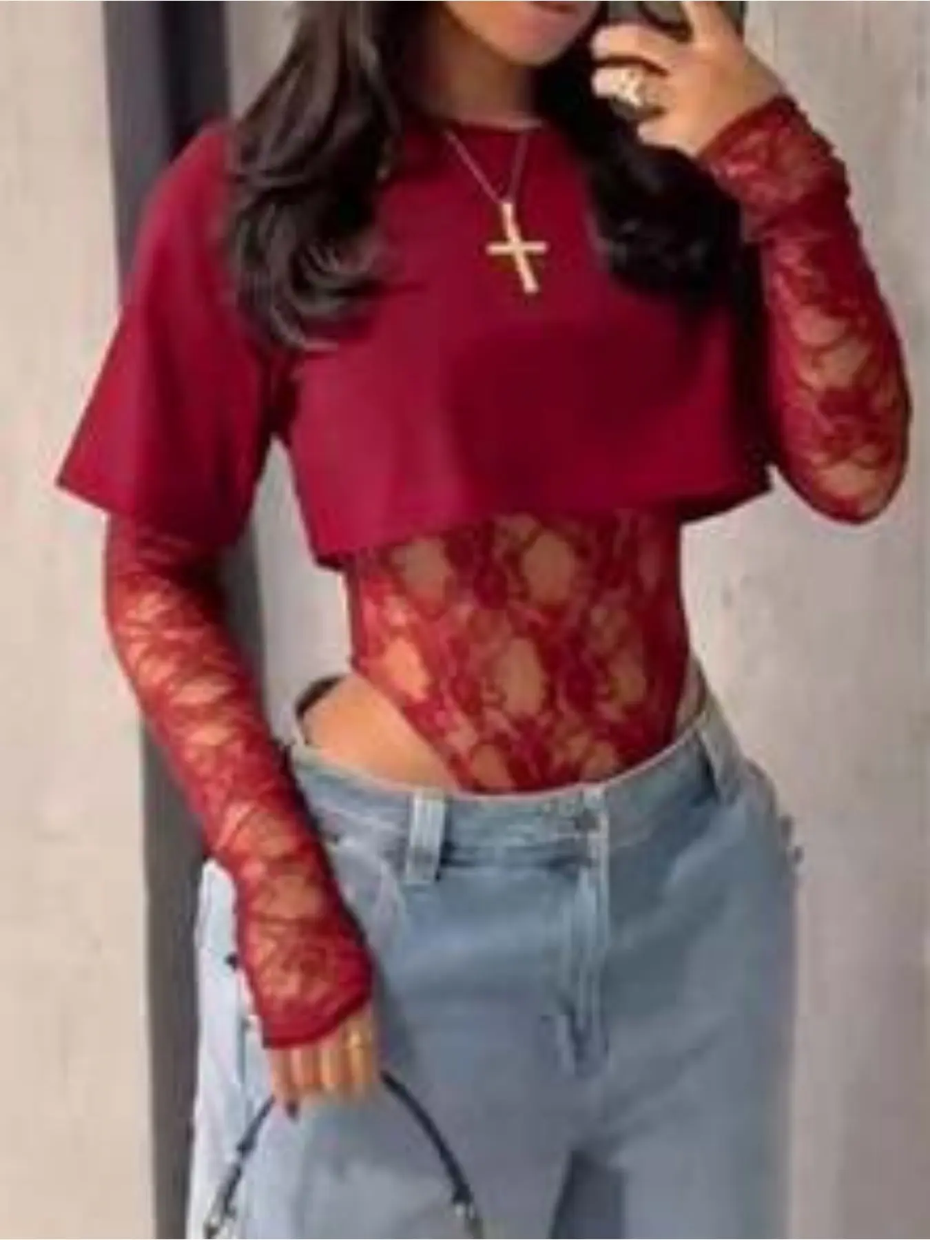 1 piece, personalized solid color knitted T-shirt patchwork transparent lace women's long sleeve sexy jumpsuit