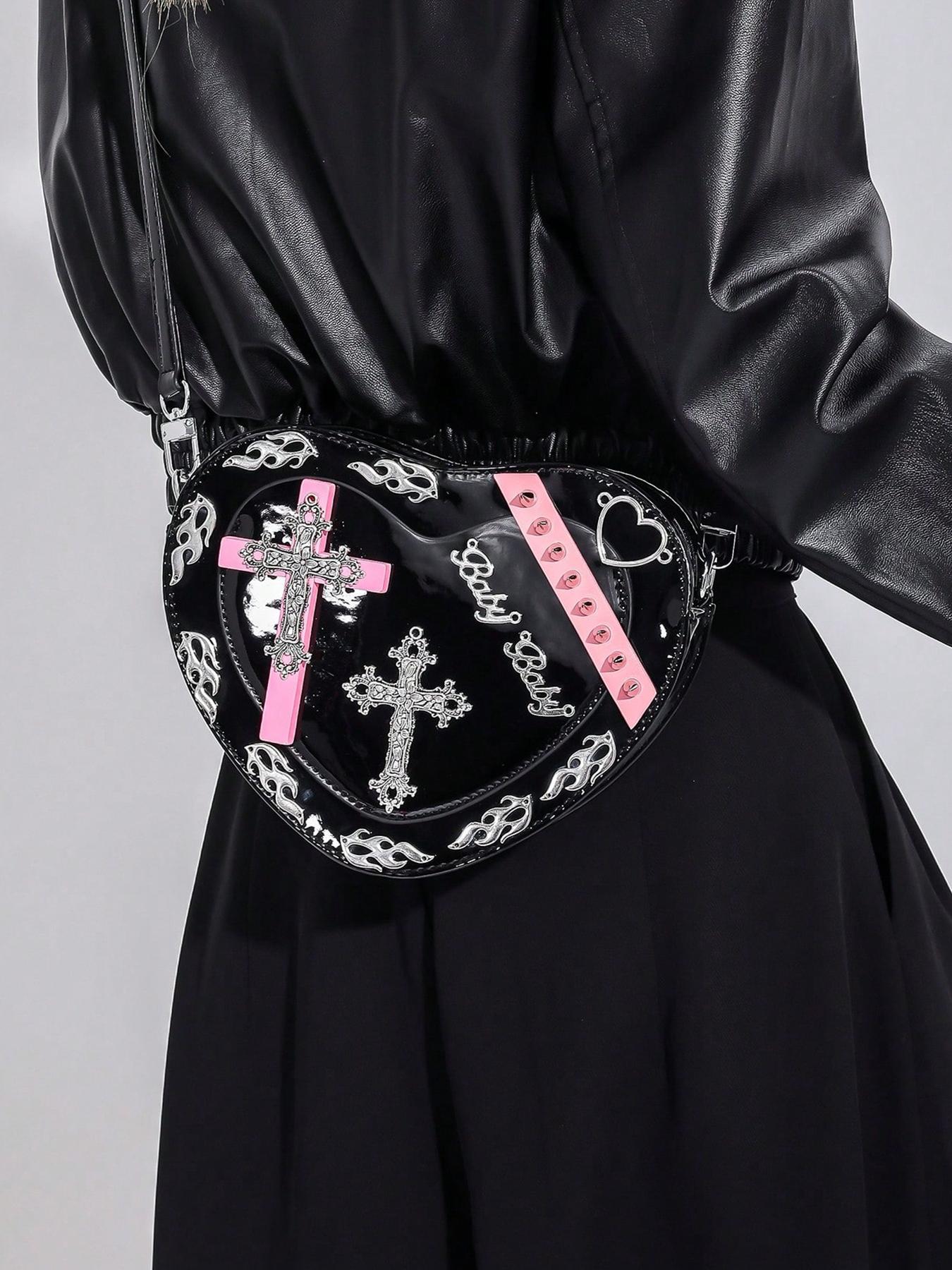 Halloween dark heart-shaped bag, Gothic cross flame decoration, black and pink contrast rivet shoulder crossbody bag, Fashionable crossbody bag, with multiple colors to choose from, suitable for daily travel, shopping