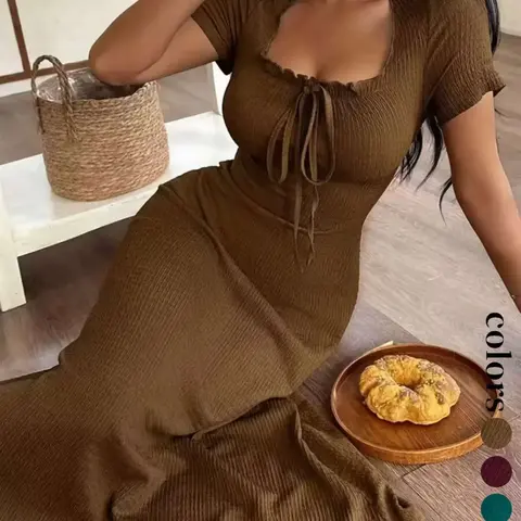 Women's Casual Long Dress Ruched, Slim Fit Short Sleeves Square Neckline Plain Design Basic Summer Dresses, Perfect for Daily Wear & Stylish, Ideal Gift Choice Womenswear Lady, Piece