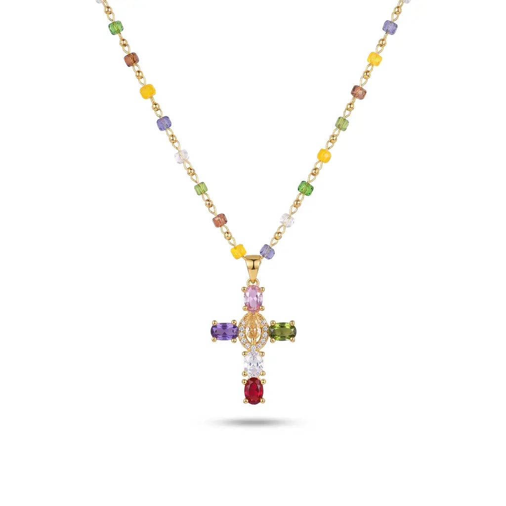 Y2K Rainbow Multi Color Bead Cross Pendant Neck Chain Dainty Metal Layering Accessory Gift For Her necklace stack