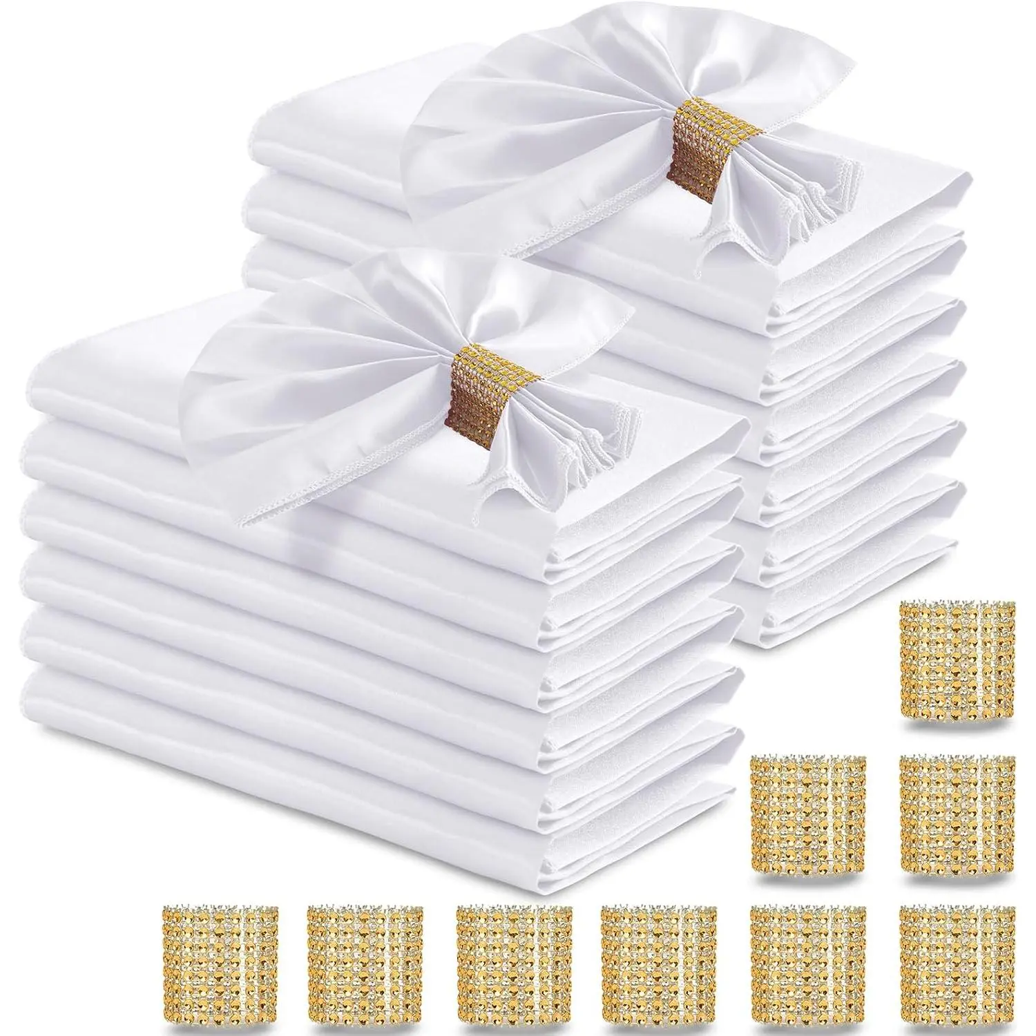 100 Pcs White Satin Napkins and Napkin Rings Set, 17 x 17 Inch Square Cloth Napkins Set of 50, Silky Soft Table Napkins Bulk for Weddings, Banquet, Parties Dinner Decoration
