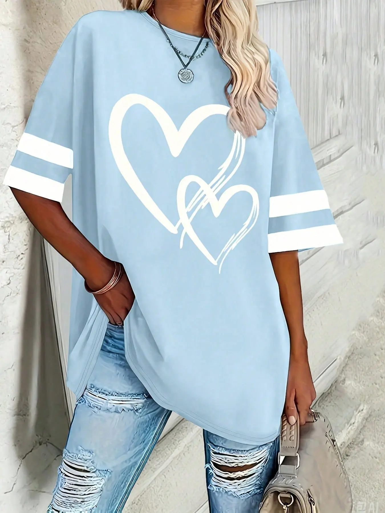 Plus Size Women's Casual Round Neck Double Heart Print T-Shirt, Comfortable Loose Fit Tee for Daily Wear