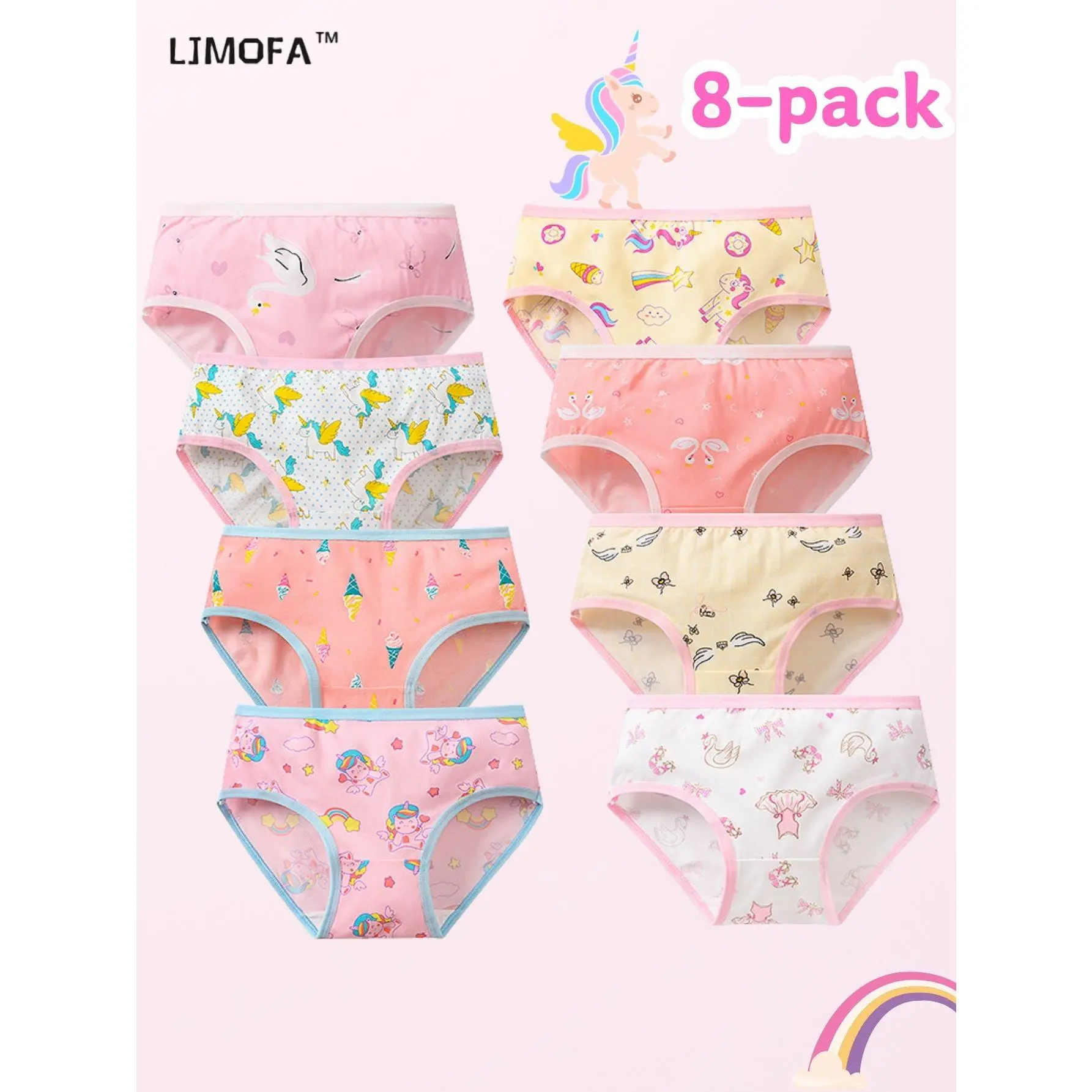 Girls' 8-Pack Regular Size Knit Fabric Underwear, Cute Cartoon Swan & Unicorn Pattern Briefs, Soft Quick-Dry Breathable Panties for Everyday Wear
