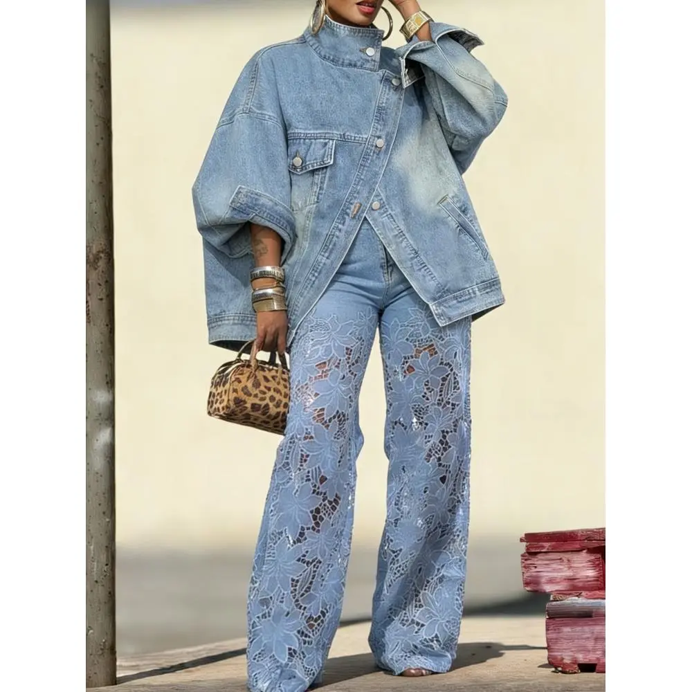 Women's blue stand-up collar diagonal buckle denim jacket - retro temperament spring and autumn comfortable two wear design denim jacket