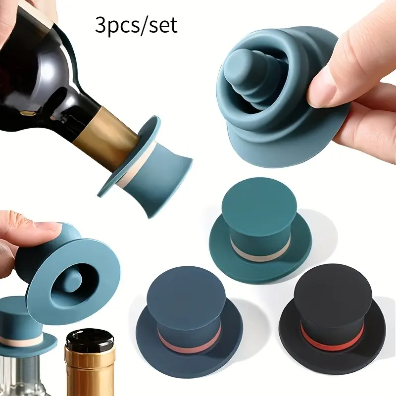 3pcs Reusable Silicone Magic- Cap Wine Stoppers, Airtight Dust-Proof Bottle Seal for Preserving Wine Freshness, Cute Wine Accessories for Home Bar Christmas Party Holiday