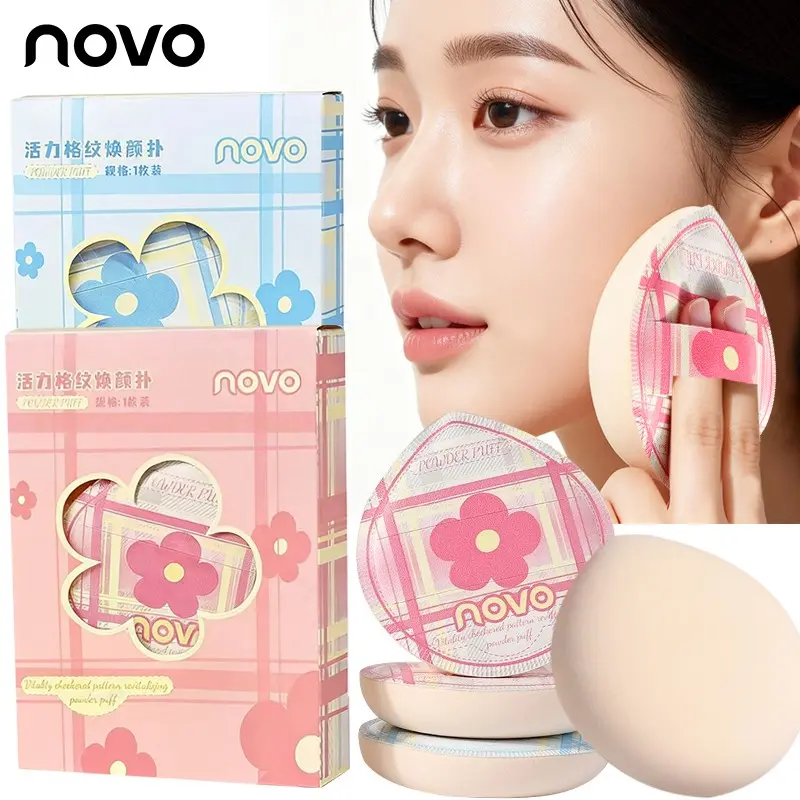 NOVO Large Printed Foundation Sponge & Soft Flocked Puff – Featuring a Plaid Floral Design and Suitable for Wet or Dry Use – Create a Flawless Base; Perfect for Valentine's Day, Halloween, Christmas, or Everyday Looks – An Ideal Gift for Beauty Lovers.