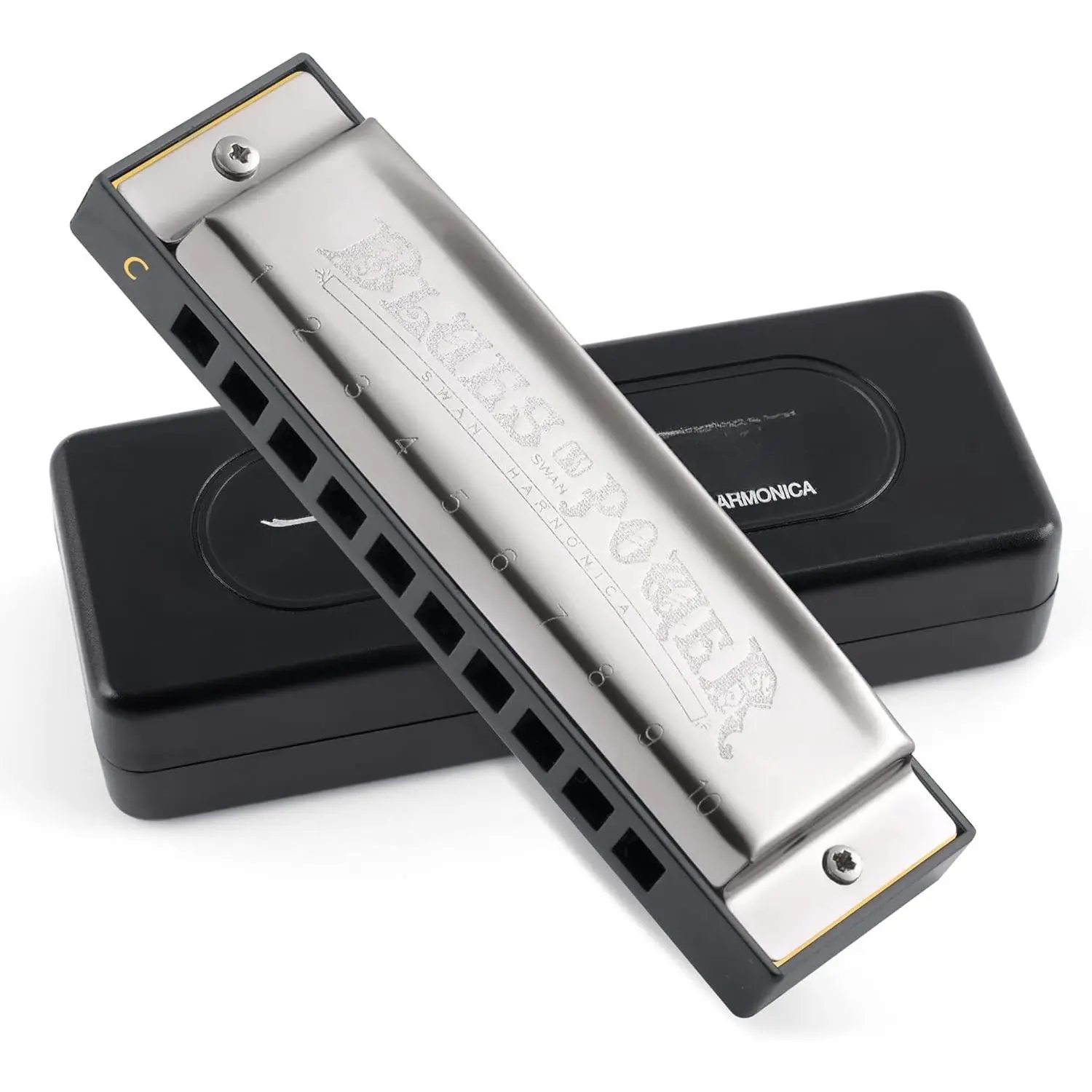 Blues Harmonica C Key for  Adults, 10 Hole 20 Tone Diatonic Harmonica Key of C for Beginners Students, Mouth Organ in Stainless Steel, Blues Power