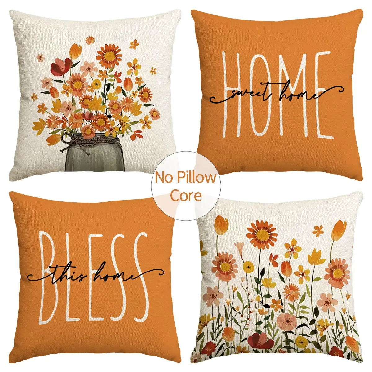 4pcs Fall Thanksgiving Cushion Covers, Vintage Floral Pillow Cases, Flower Home Decor, 18x18inch, All Seasons, Minimalist Style