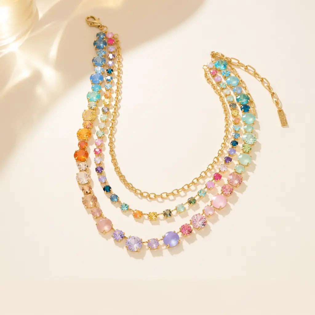 Women's Three Layered Multicolor Rainbow Iridescent Zircon Statement Necklace Round Crystal Pendant Stackable Layer Necklace Fashion Jewelry Gift For Ladies Girls Trendy Iridescent Multicolored Zircon Statement Pendant Three Layer Women Necklace