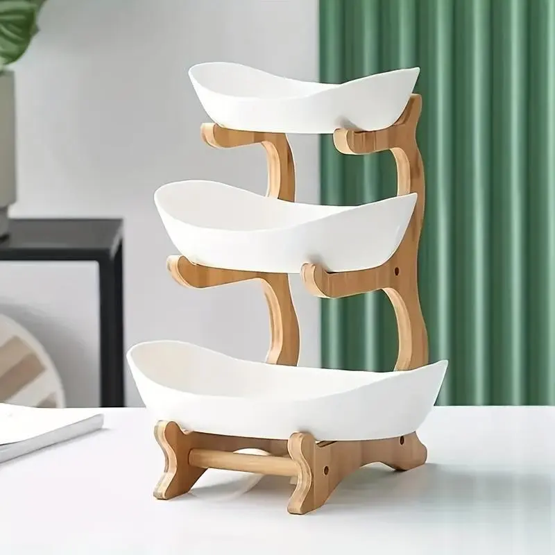 3-Tier Oval Fruit Basket with Bamboo Stand, Durable Polypropylene Kitchen Storage Rack Organiser, Modern Serving Tray, Display Riser