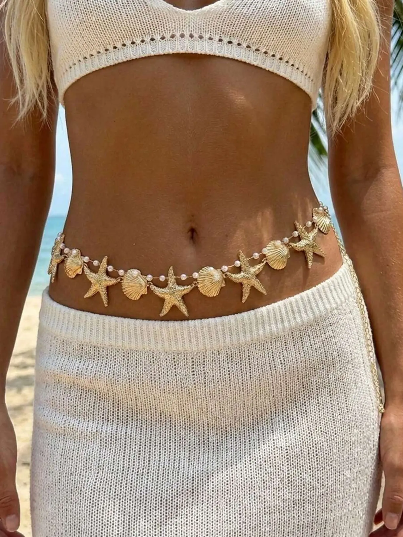 1pc Women's Metal Starfish Shell Pearl Waist Chain, Fashion Summer Body Jewelry Accessory, Perfect for Street, Party, Beach Vacation, Daily Wear