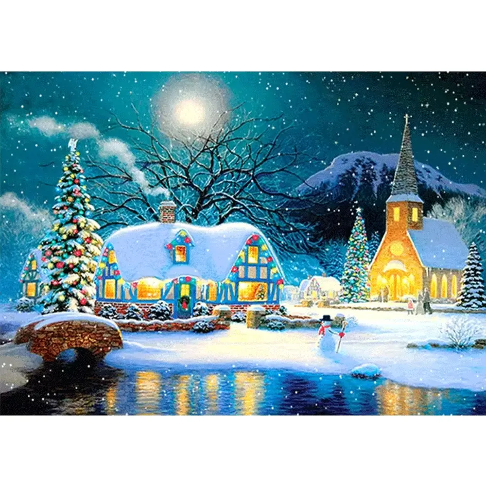 1PC,2D Christmas Diamond Painting Kit Night Snow Scene with Church House and Snowman DIY Rhinestone Art Craft for Home Wall Decor Xmas Gift for Adults Kids Holiday Decorations Winter Landscape Diamond Art