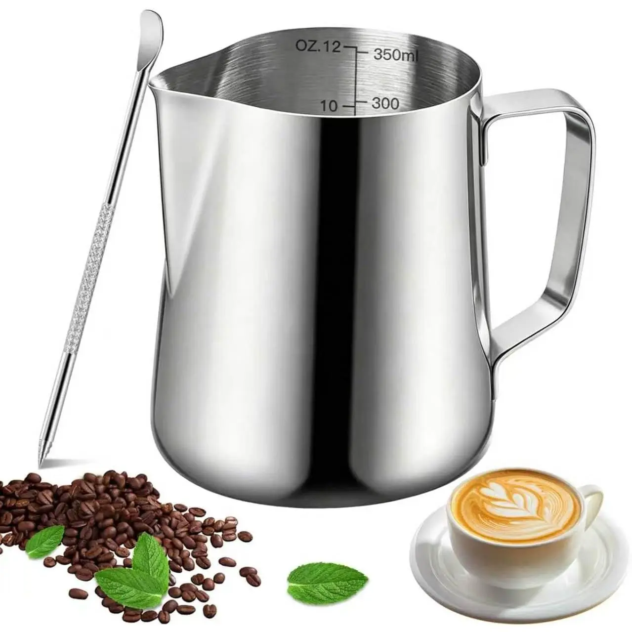Milk Frothing Pitcher, 12oz Milk Frother Cup with Scale, 304 Stainless Steel Cappuccino Espresso Machine Accessories,for Barista Coffee Bar with Latte Art Pen