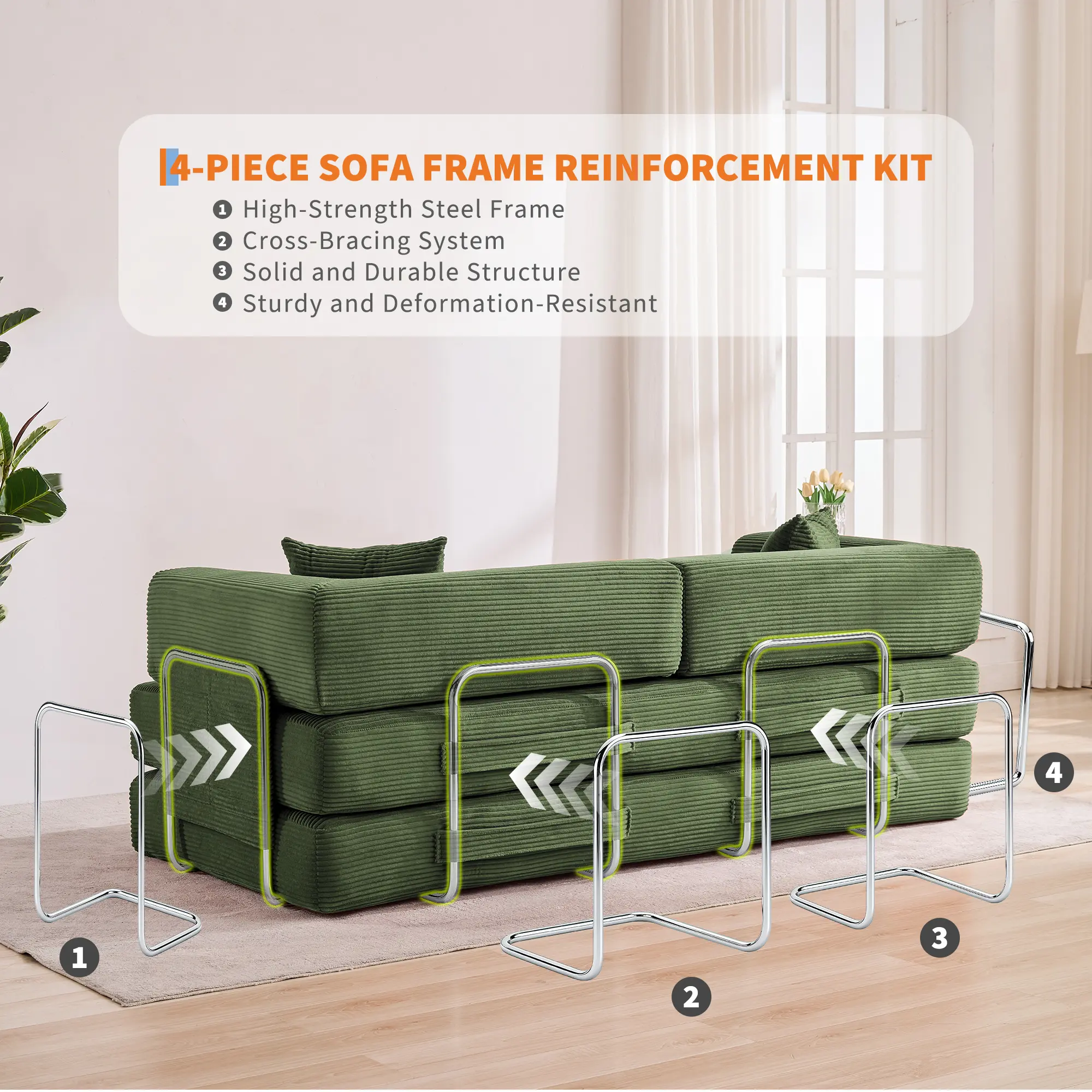 78.8 Inch Convertible Corduroy Floor Sofa Bed, Foldable Modular Sleeper Couch with Detachable Pillows, Armrests & Backrest, Multi-Functional Convertible Sofa for Living Room, Bedroom & Small Apartments