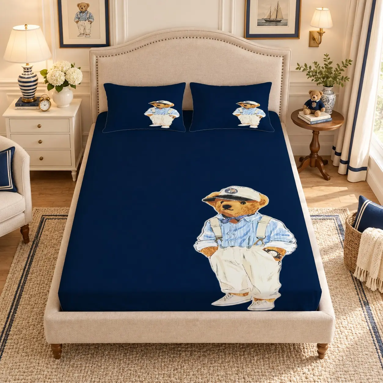 Vintage British Teddy Bear Printed Fitted Sheet Set, 1 Fitted Sheet With 2 Pillowcases, Without Pillow Inserts. Suitable For Teenagers And Adults, Perfect For Bedroom Decor And Gifting