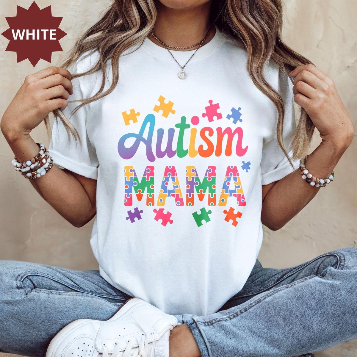 Autism Mama T Shirt, Colorful Puzzle Pieces Design For Autism Awareness Mothers Day Gift Women Casual Wear Top,Comfortable & Breathable Material,Everyday Outfit,Machine Washable Casual Top