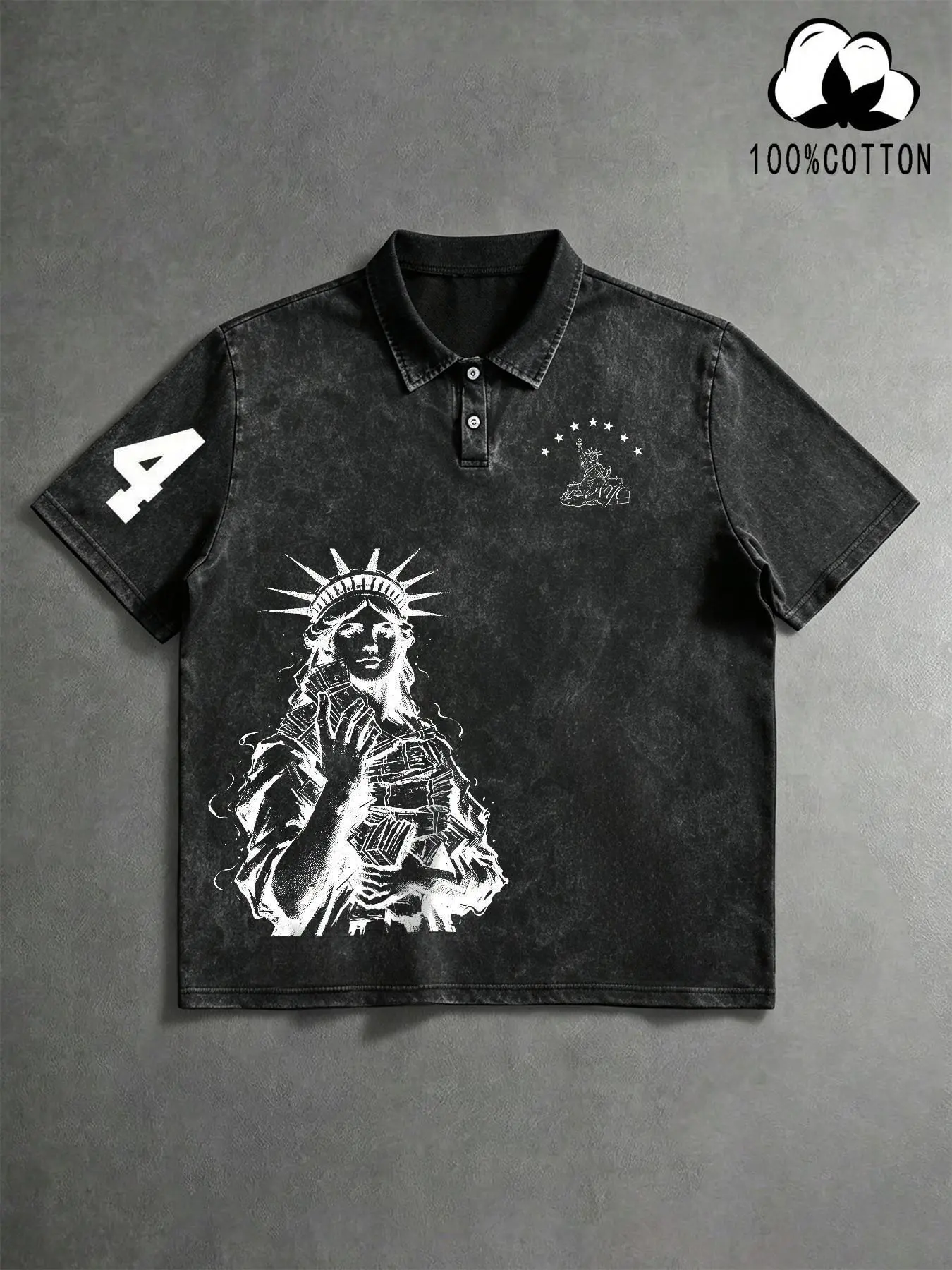 Men's 100% Cotton Vintage Wash Statue of Liberty Print Polo Shirt, Short Sleeve Street Style Top, Streetwear, Loose-Fitting Casual Wear, Casual Polo Shirts