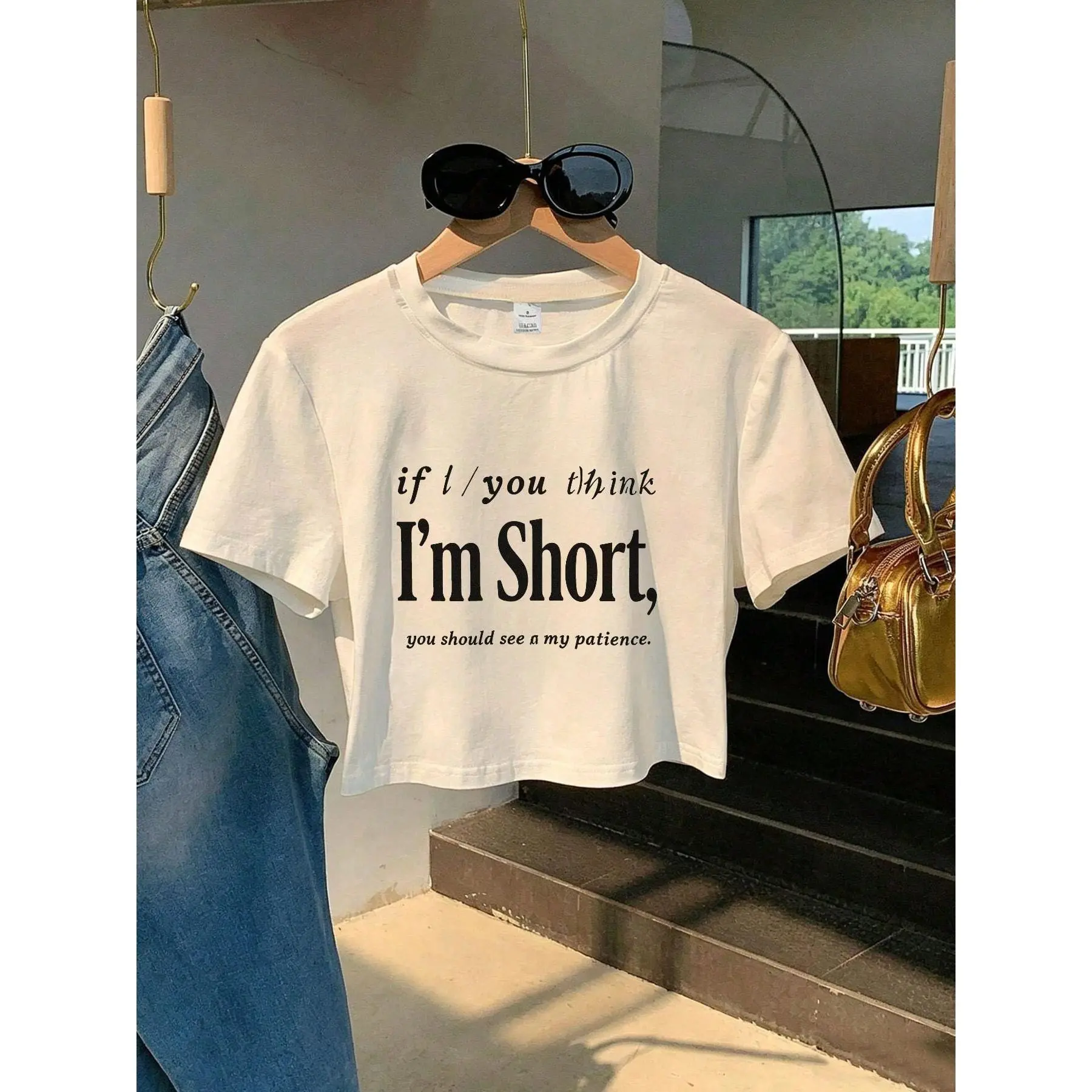 Women' Funny "If You For THINK I' Short" Crop Top Tee - Soft Y2K Short Sleeve Shirt With Humorous Graphic Print, Round Neck Casual T-Shirt Suitable Fo Slim Shape Men's Moisture Wicking baggy compression Monaco Club Flag Hoodie bass pro gaiter