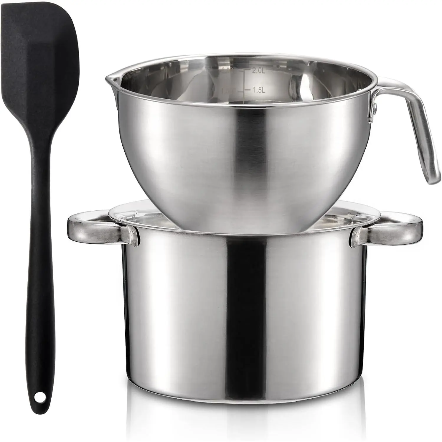 Double Boiler Pot Set with Silicone Spatula, 2000ML/1.8QT Chocolate Melting Pot with 2800ML/2.54QT Stainless Steel Pot, Candy Melting Pot, Chocolate Melter for Butter, Caramel, Cheese, Wax,