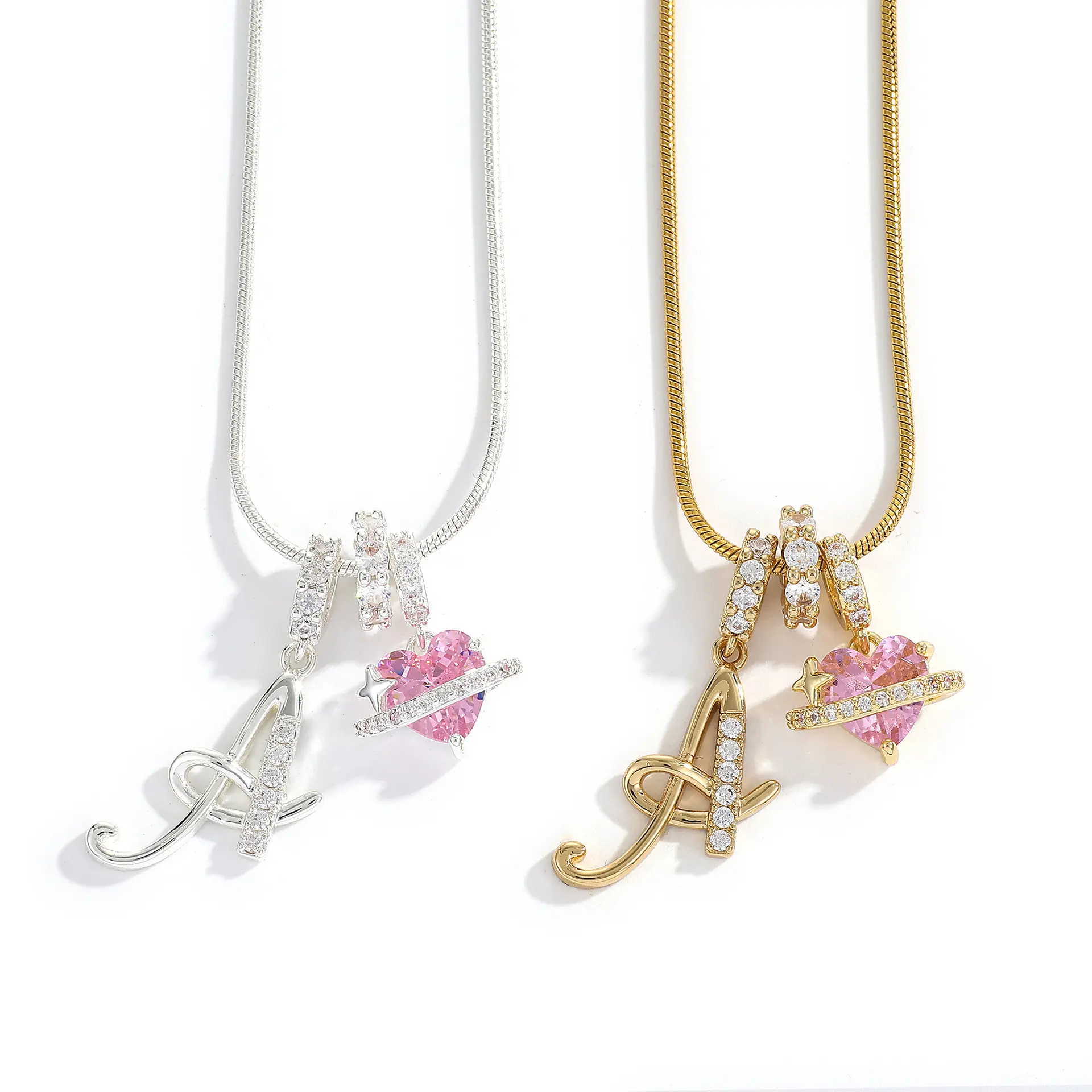 14K Gold Plated/ Silver Plated A-Z Letter Pendant Necklaces, Dainty Monogram Name Necklace Personalized Initial Trendy Pink Heart Cubic Zirconia Pendant Necklaces Festivals, Birthdays, and Special Occasions Party Jewelry