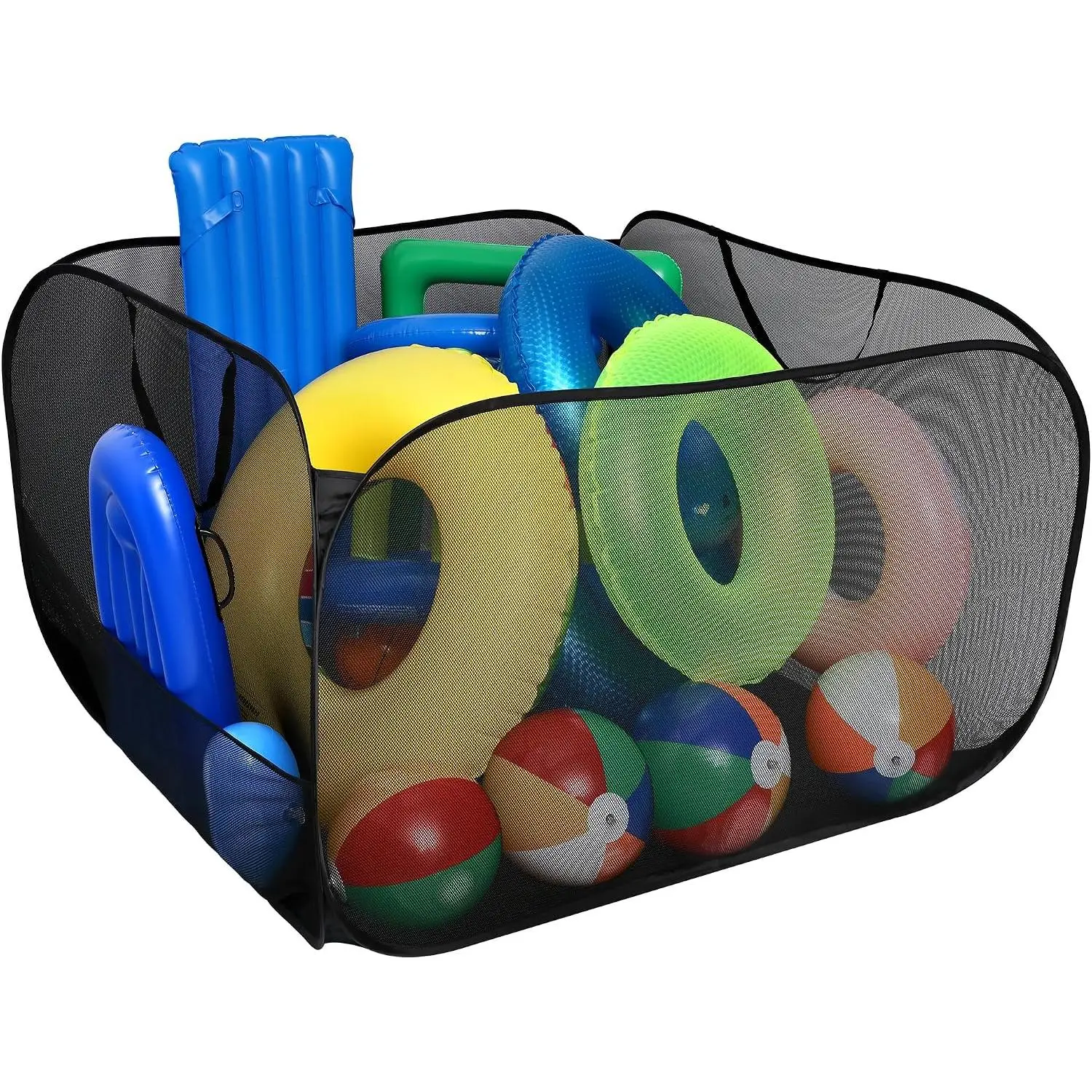 Pool Toy Storage Bin - 47x47x31 Inch Heavy Duty Nylon Mesh Pool Organizer with Side Pocket, Quick Drying, 300 Gallon Capacity, for Floats, Beach Balls, Towels & Swimming Accessories