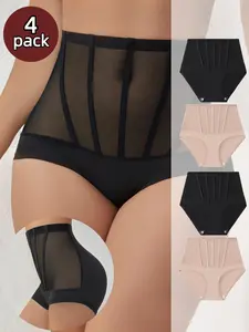 Women's High Waist Shapewear Panties, Mesh Breathable Abdominal Compression Seamless Triangle Underwear, Comfortable Fashion, 4 Pcs Set