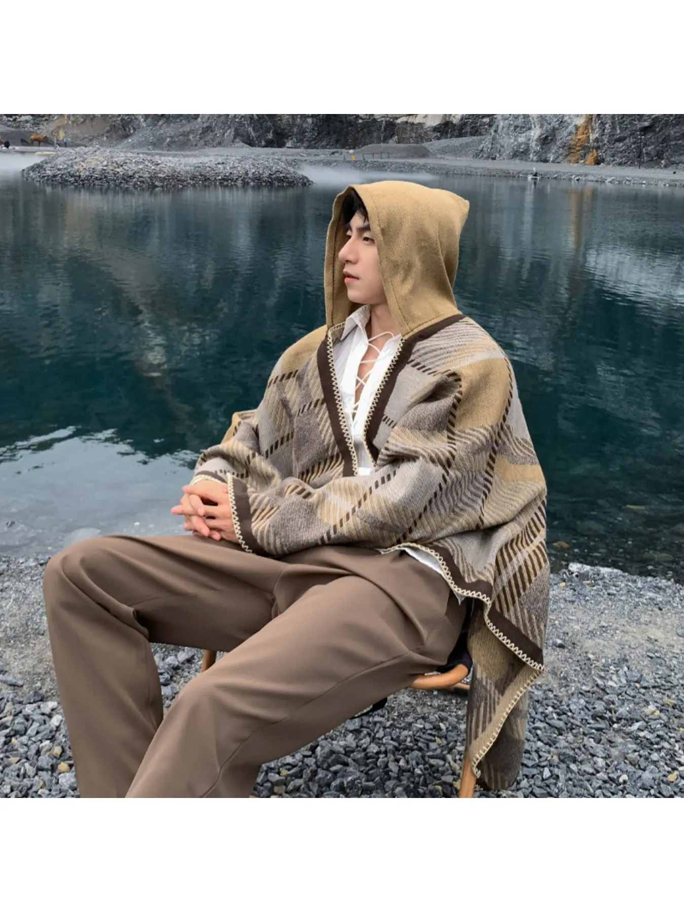 Fashion outerwear faux cashmere plaid cape hooded shawl versatile cloak travel vacation slit scarf