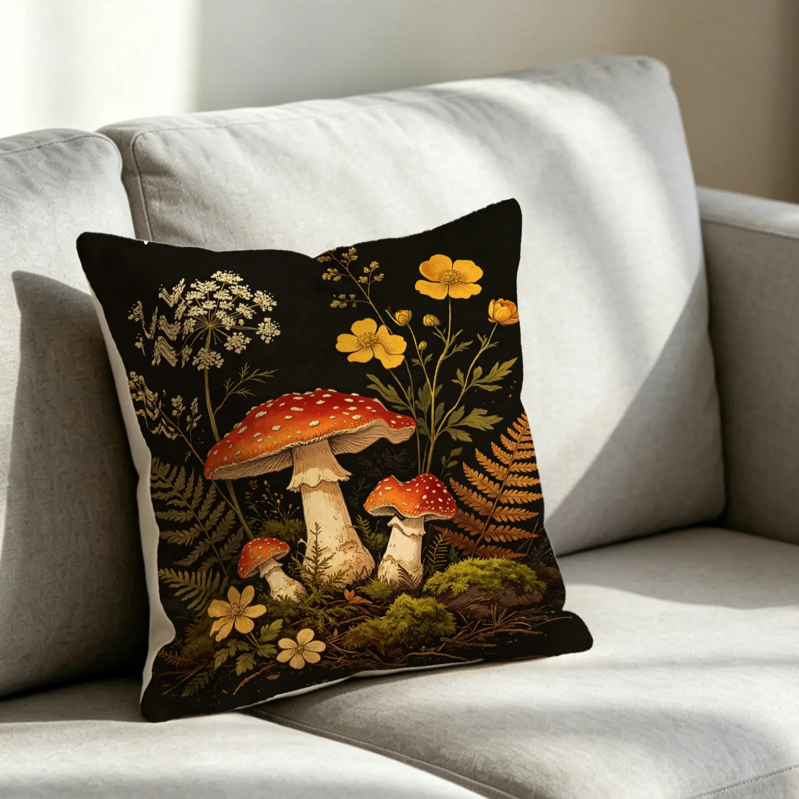 Vintage Dark Witch Inspired Rustic Mushroom Throw Pillow, Black-Background Forest Botanical Print Square Cushion, Suitable for Living Room Sofas, Bedrooms, Beds, Dorm Rooms, Guesthouses, and Office Decor
