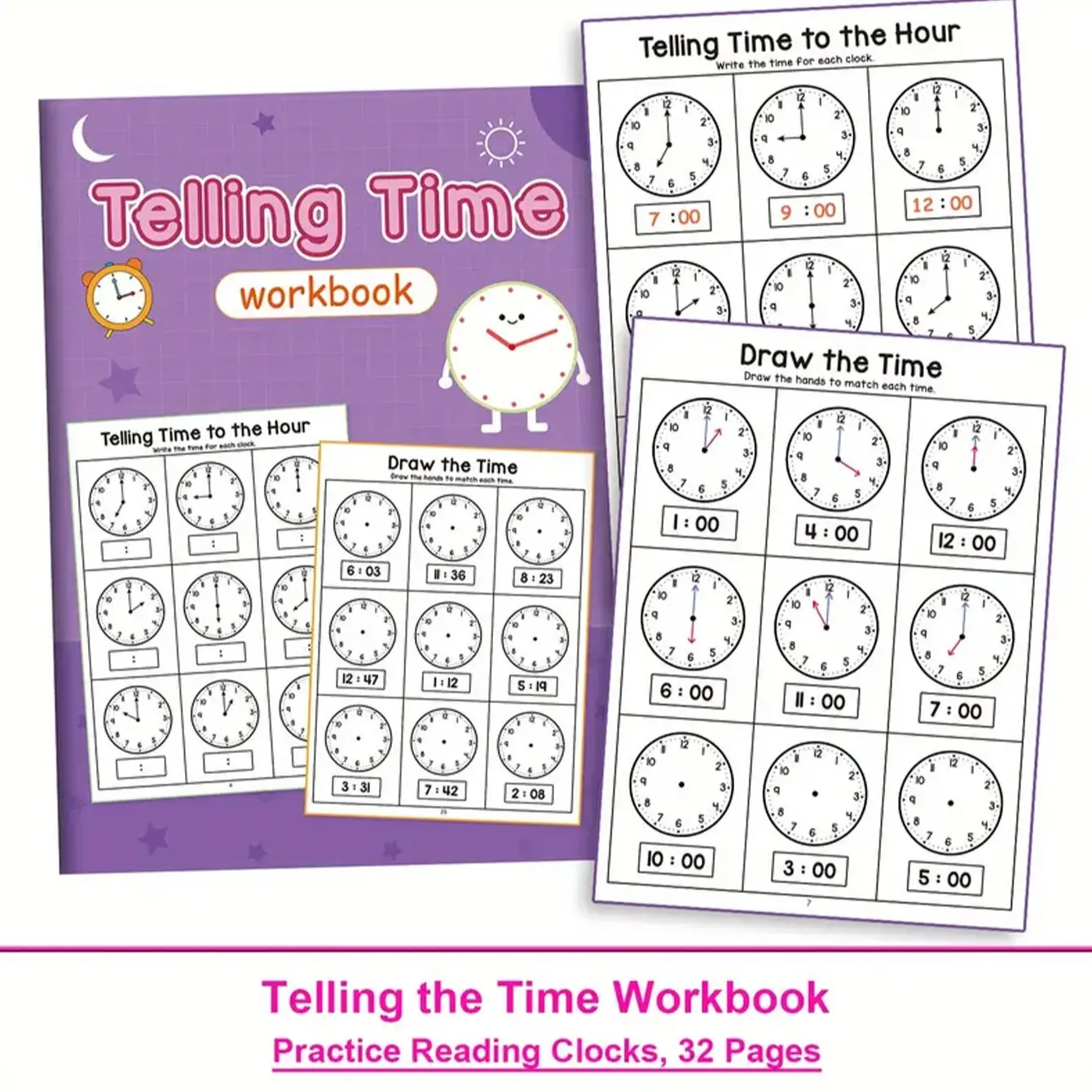 2-6 year old children's primary school mathematics teaching teacher uses clock sticker model to recognize time practice book