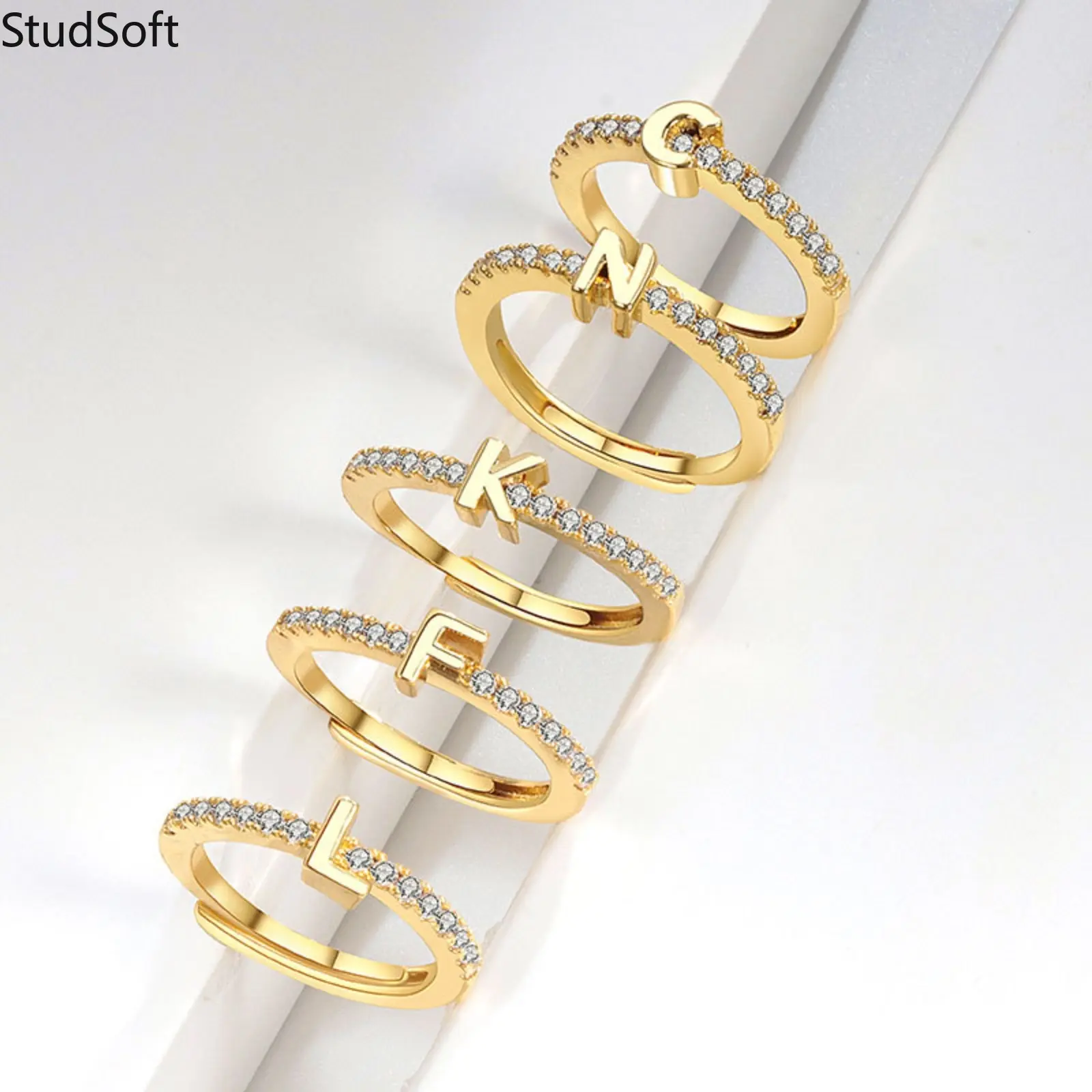 Gold Initial Letters Ring Set, Fashion Open Band Rings for Female, Full 26 Alphabet Collection for a Best Friend