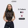 Cider Lace Crop Top with Mandarin Collar – Sheer Floral See -Through Tank, Layering-Friendly for Date Nights & Spring Outfits
