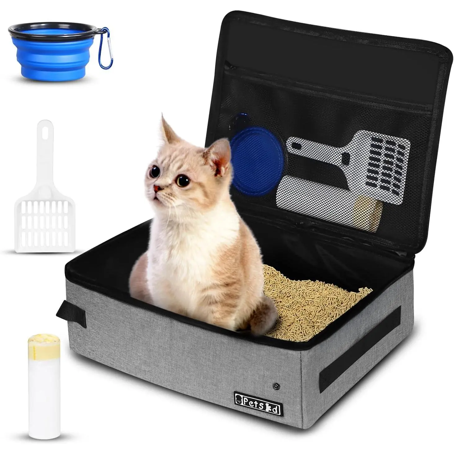 Portable  Travel Litter Box with Lid and 10 count Disposable Liner Bags, Leak-Proof and Collapsible,  Travel Essentials for , Hotel, Airplane and Other Outdoor Use(Grey)