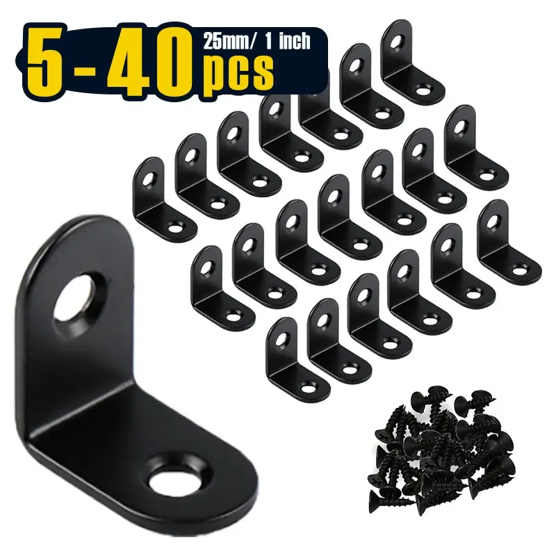 5/ 24/ 40pcs, 1 Inch Stainless Steel Small L Brackets for Wood Shelves(Black) - Right Angle Heavy Duty Corner Braces with Screws