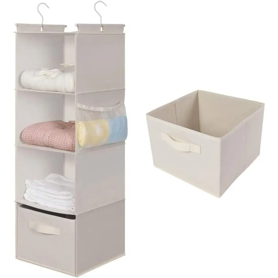 Large Hanging Sweater Organizer for Closet, Collapsible 4-Shelf Hanging Closet Shelves with Drawers, Washable